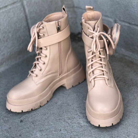 [New] LILIANA PLATFORM LACED UP COMBAT BOOTS WITH AIRPOD POCKET [NUDE BEIGE] - Picture 2 of 8